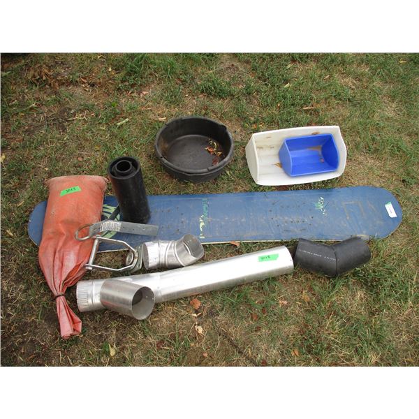 Various Items - Feed Tubs, Snowboard, Piping, Sandbag, Gable Tie Off  & Wheeless Caster
