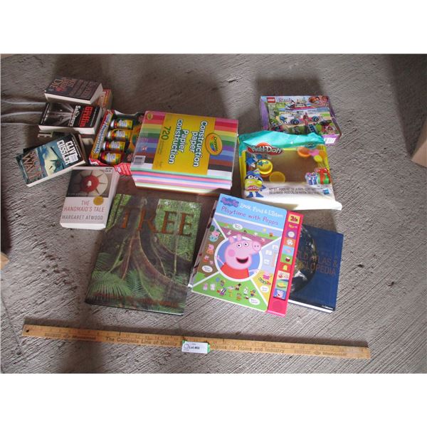 Box of Construction Paper, Books, Play-doh, Crayola Finger Piants, Lego Friends Set, Novels etc.