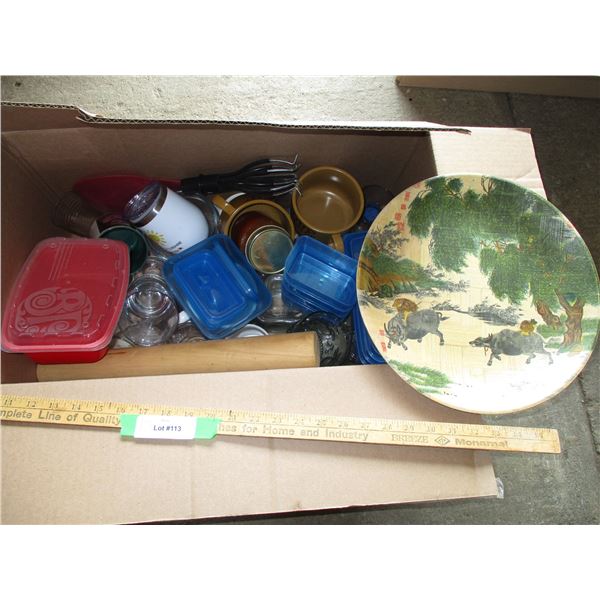Kitchen Items - Plastic Container, Mugs, Glasses, Decorative Bamboo Plate