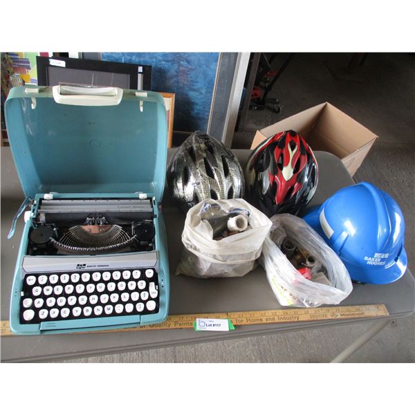 (2) Bicycle Helmet's, Rigger Style Hard Hat, Typewriter, Various Plumbing Fittings (Hose Bibbs, Valv