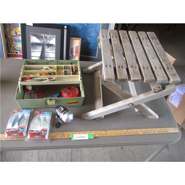 Plano Tackle Box w/Contents & Folding Wooden Stool