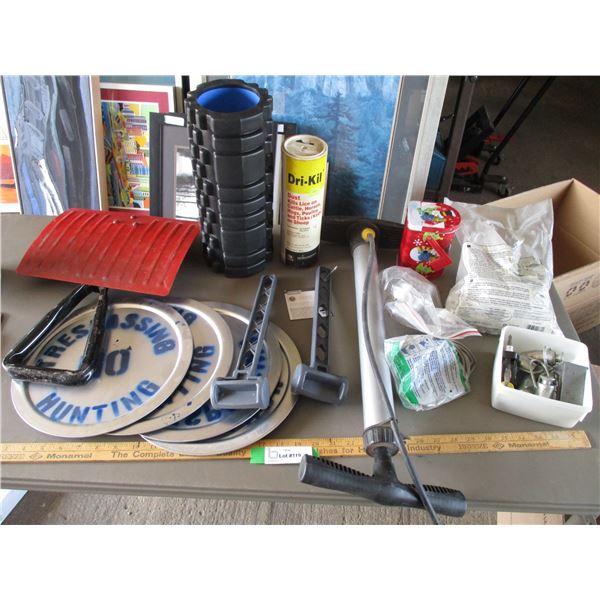 "No Hunting"/"No Trespassing" Signs, Bell Bicycle Pump, GOZONE Yoga Foam Roller, Gear Clamps, Tent P