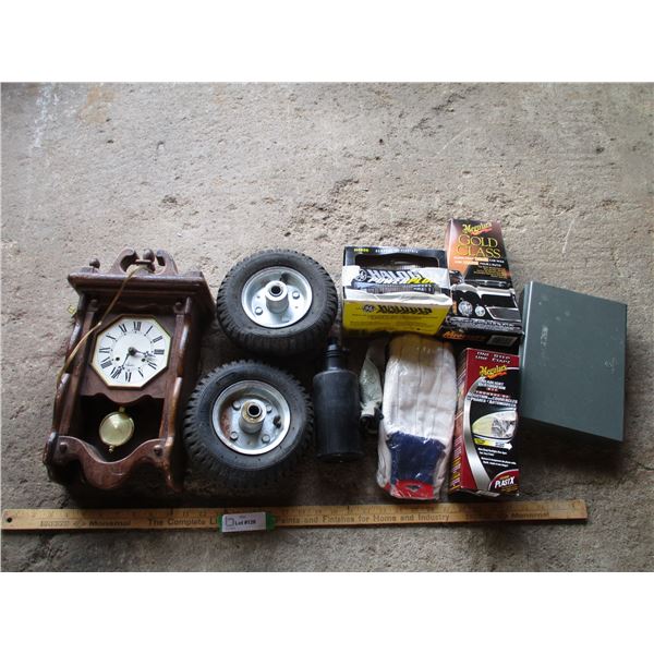 Halogen Auto Lights (H4656), Car Polish, Clock (Untested), Keyed Cash Box, Dolly Wheels/Tires, Water