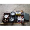 Image 1 : Halogen Auto Lights (H4656), Car Polish, Clock (Untested), Keyed Cash Box, Dolly Wheels/Tires, Water