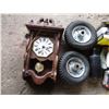 Image 2 : Halogen Auto Lights (H4656), Car Polish, Clock (Untested), Keyed Cash Box, Dolly Wheels/Tires, Water
