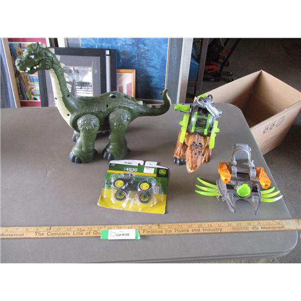 John Deere Die Cast 1:64 scale Dry Box Spreader & (2) Mattel Fisher Price Imaginext Dino Toys