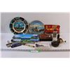 Lot: (3) Souvenir Plates, Vintage Bobby Pins, Hair Clipper in Box, Exacto Knife Set, (2) Kerosene La