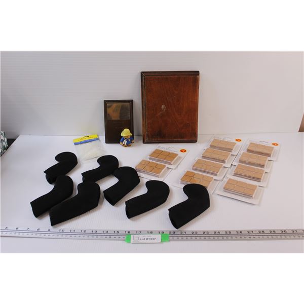 Lot: (10) Self Stick Cork Pads, Cable Ties, (7) Golf Club Covers, Paddington Bear Figurine, (2) Wood