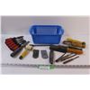 Image 1 : Lot: Chisel Set (As is), Roller, Punches, Stone Knife Sharpener, Misc. in Basket