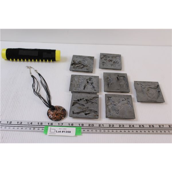 Lot: Necklace, (6) Metal Casting Moulds (Power Rangers & Spiders), Misc.