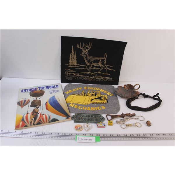 Lot: Antique Toy World, (2) Patches, Bottle Openers, "Bull Corner" Sign