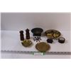 Lot: Brass Plates, Wood Salt & Pepper Shakers, Metal Art Bowl, Misc.