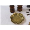 Image 2 : Lot: Brass Plates, Wood Salt & Pepper Shakers, Metal Art Bowl, Misc.