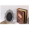 Image 2 : Basket of: Hidden Book, Ornate Picture Frame, Rudraksha, Dutch Clog Coin Bank, Misc.