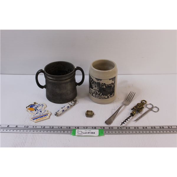 (2) Beer Steins (Empire & Heidelberg), Bottle Opener, Cat Laser, Misc.