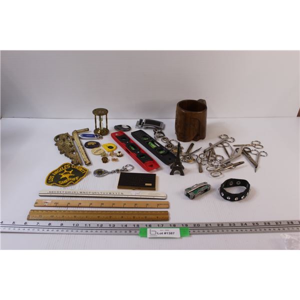Lot: (2) Levels, Wood Carved Mug, Sand Timer, (3) Rulers, (8) Scissors, Misc.