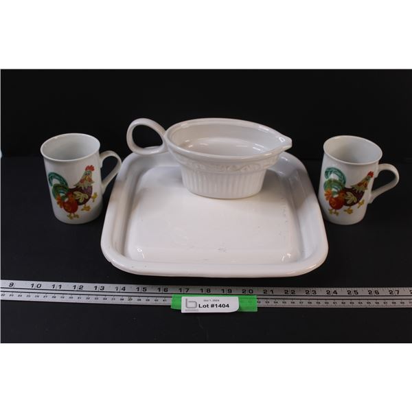 Ceramic Serving Tray & Gravy Boat & (2) Chicken Mugs