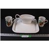 Ceramic Serving Tray & Gravy Boat & (2) Chicken Mugs