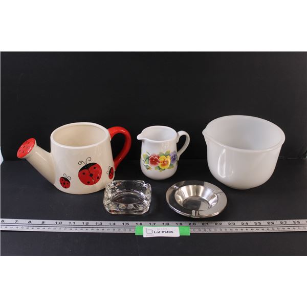 Bakelite Mixing Bowl, Ladybug Waterer, Flower Mug, (2) Ashtrays