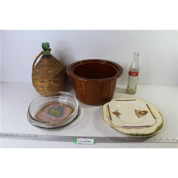 Crock Pot Insert Pot - Cork Pot Holder - Coke Bottle - Rope Covered Wine Bottle - (2) Glass Plates (