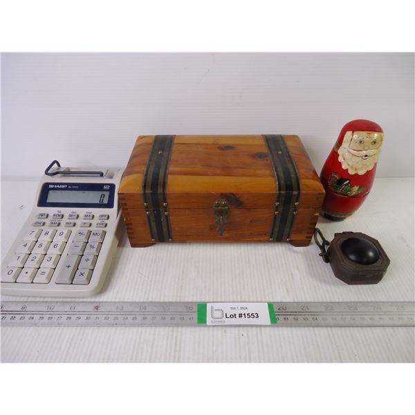 Trinket Chest, Adding Machine, Santa Nesting Dolls and Compass