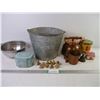 Image 1 : (10) Wade Tea Figurines, Galvanized Pail, Tobacco Tin, Bell, Bowl Copper Kettle/Cup and more