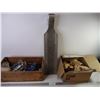 Image 1 : Vintage Fish Scaler Cutting Board 24",Box of Nails and Wood box of Misc. Items