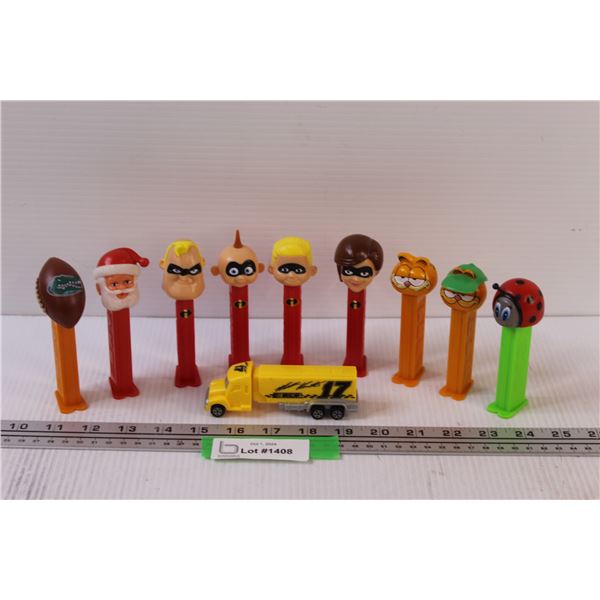 (9) PEZ: Incredibles, Garfield, Ladybug, Football , Santa, Nascar Semi