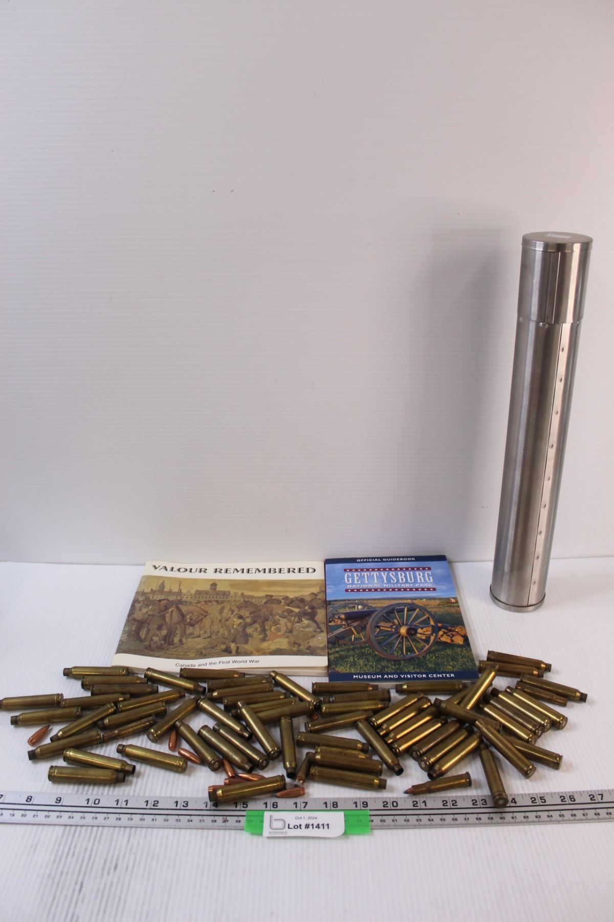 Metal Shells (2) Books: World War One, Gettysburg, Assorted Ammo Shells & Metal Tube ...