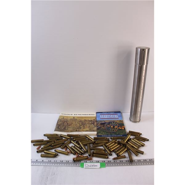(2) Books: World War One, Gettysburg, Assorted Ammo Shells & Metal Tube