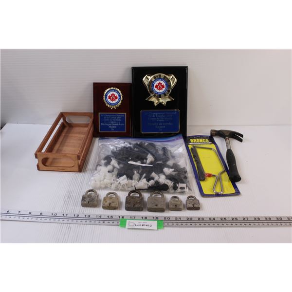 Lot: Automotive Push Pins (Assorted), (6) Vintage Masterlocks (No Keys), Hammer, (2) Plaques, Saw, W