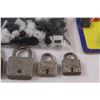 Image 4 : Lot: Automotive Push Pins (Assorted), (6) Vintage Masterlocks (No Keys), Hammer, (2) Plaques, Saw, W