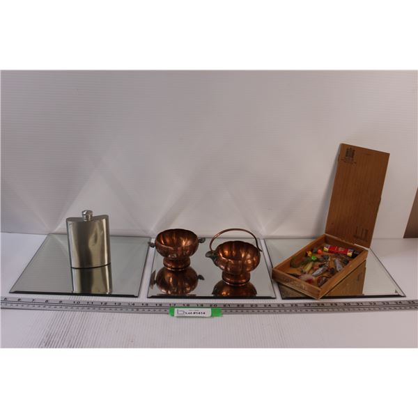 Lot: Fly Fishing Lures in Cigar Box, (2) Copper Plated Sugar & Cream Bowls, Flask, (3) Mirror Tiles