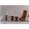 Image 1 : Lot: Fly Fishing Lures in Cigar Box, (2) Copper Plated Sugar & Cream Bowls, Flask, (3) Mirror Tiles