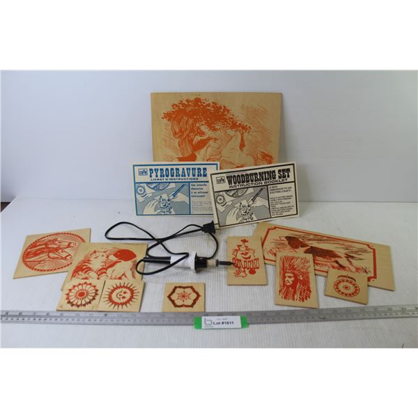 Vintage Wood Burning Set w/Burner & Wooden Design Pieces