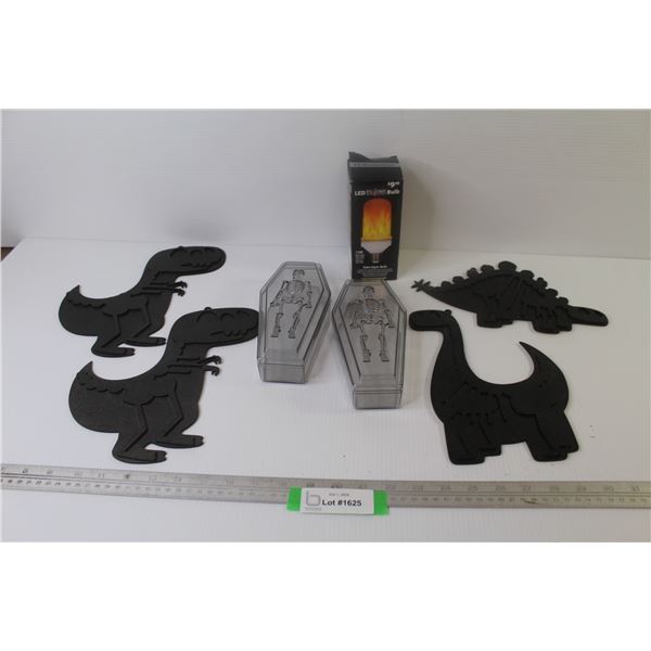 (2) Plastic Coffins - LED Flame Lightbulb - Wooden Cut-Outs