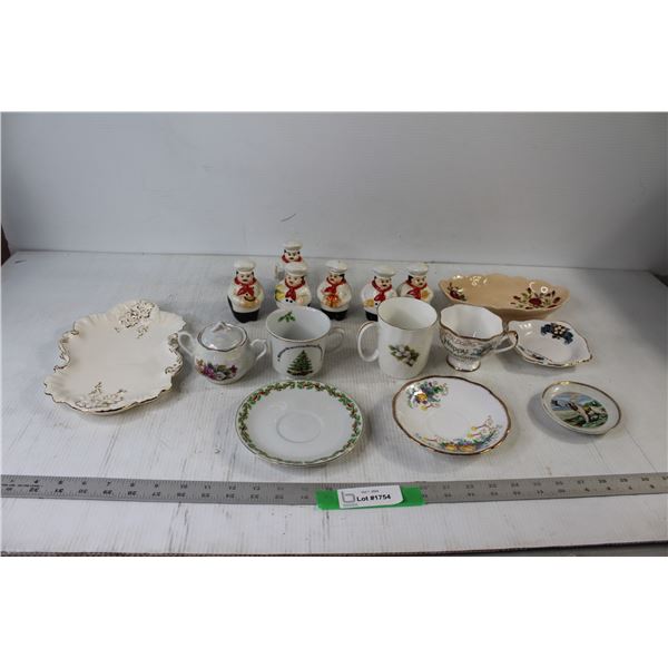 (4) saucers, Butter Dish, (3) Cups, Sugar Dish, Decorative Tray, (6) Oil and Vinegar Jars