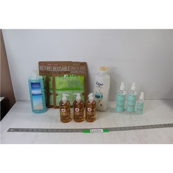 (3) Grace and Stella Hand Sanitizer Bottles, (3) Life Toffee Twinkle Hand Soap, Dove Shampoo, (3) Se