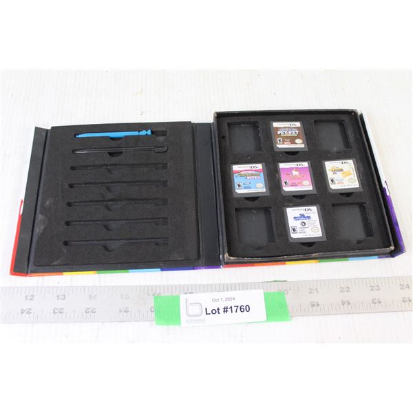 (5) Nintendo DS Video Games - Smurfs, Hello Kitty, pet Vet, (2) Stylus, Case