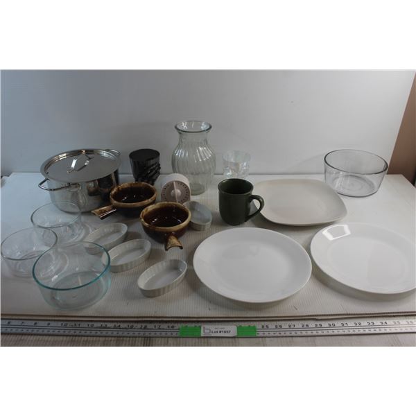Plates, Pyrex Bowls, Pot, Cups, Timer and Vase
