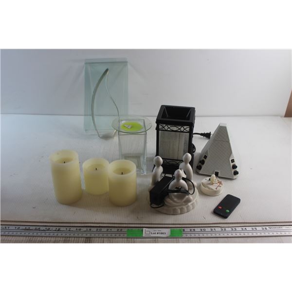 (3) Electric Candles, Candle Holders and Assorted Items
