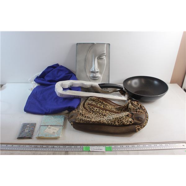 Leopard Pattern Purse, IKEA Blinds, WOK Frying Pan, Wall Decoration and Assorted Items
