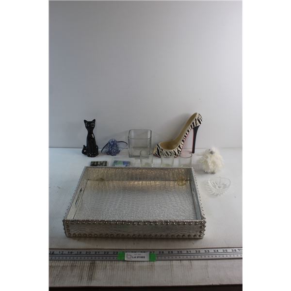 Square Vase, High Heel Wine Bottle Holder, (3) Glass Shots and Assorted Items