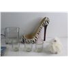 Image 3 : Square Vase, High Heel Wine Bottle Holder, (3) Glass Shots and Assorted Items