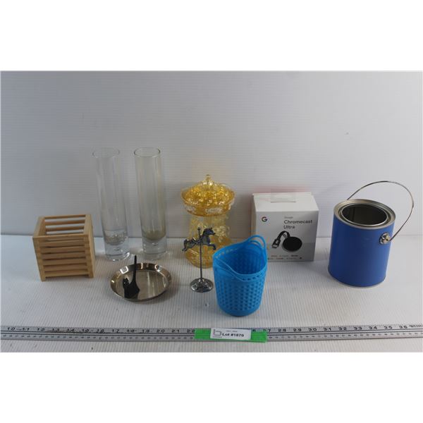 Google Chromecast Ultra - Untested, Carousel Decoration, (2) Glass Vases and Assorted Items