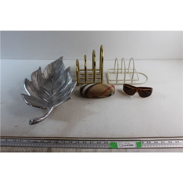 Harley Davidson Glasses with Case, Leaf Metal Serving Tray and (2) Plate Racks