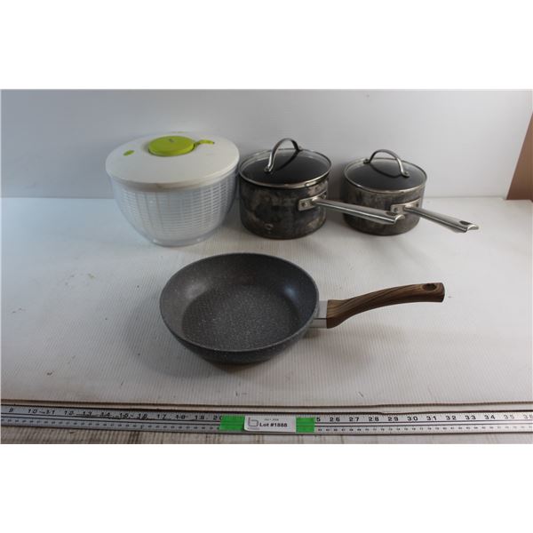 (2) Pots 8'' & 7'', Frying Pan and Salad Spinner