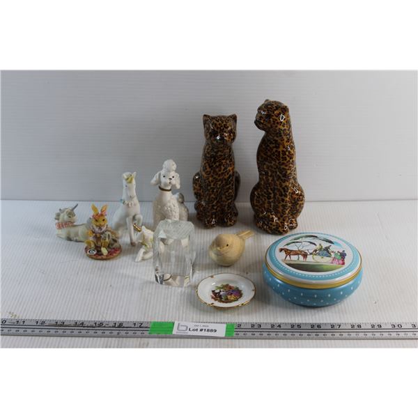 Ceramic Figurines - Leopards, Unicorns and Bunny, Candy Tin and Assorted Items