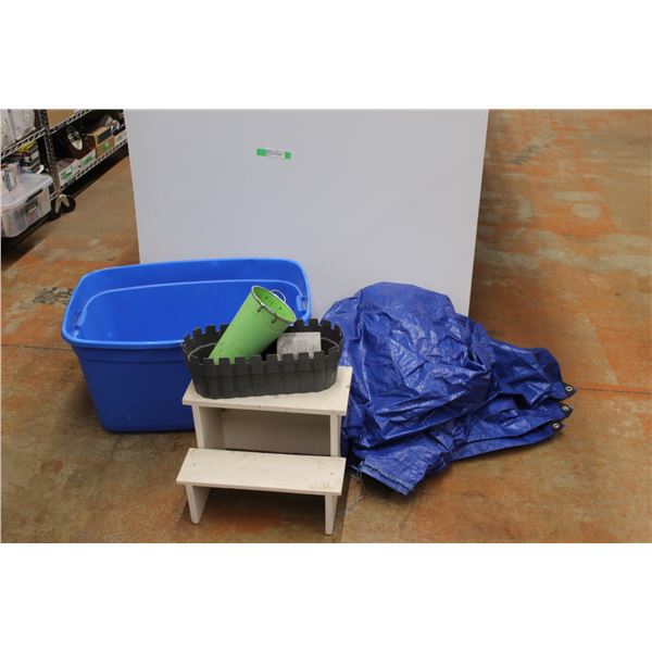 *Tarp - Size Unknown, Blue Large Tote, Wooden Step Ladder and Planters