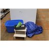 Image 1 : *Tarp - Size Unknown, Blue Large Tote, Wooden Step Ladder and Planters